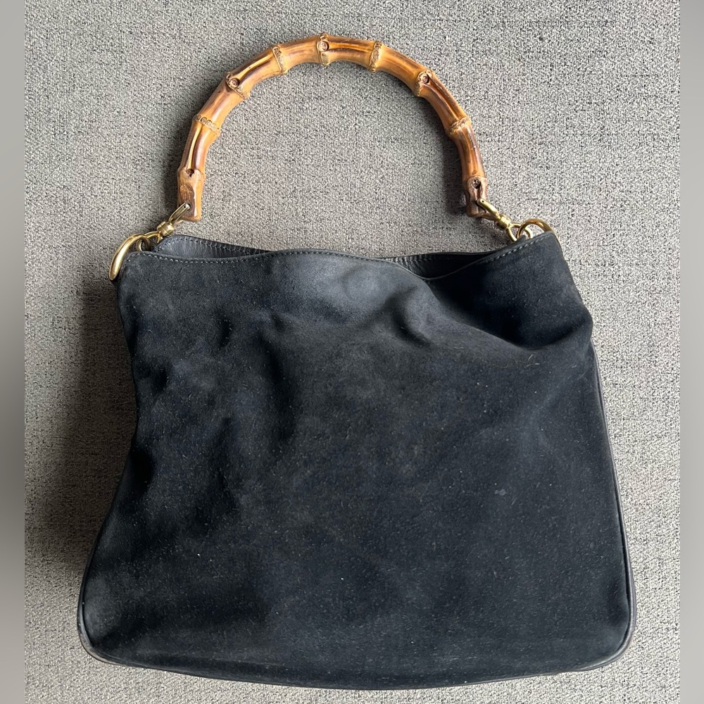 Gucci Black Suede Bamboo top handle bag